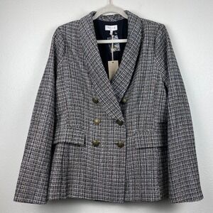 NWT Acoa Tweed Blazer Black and White Plaid Double Breasted Flap Pocket Sz L